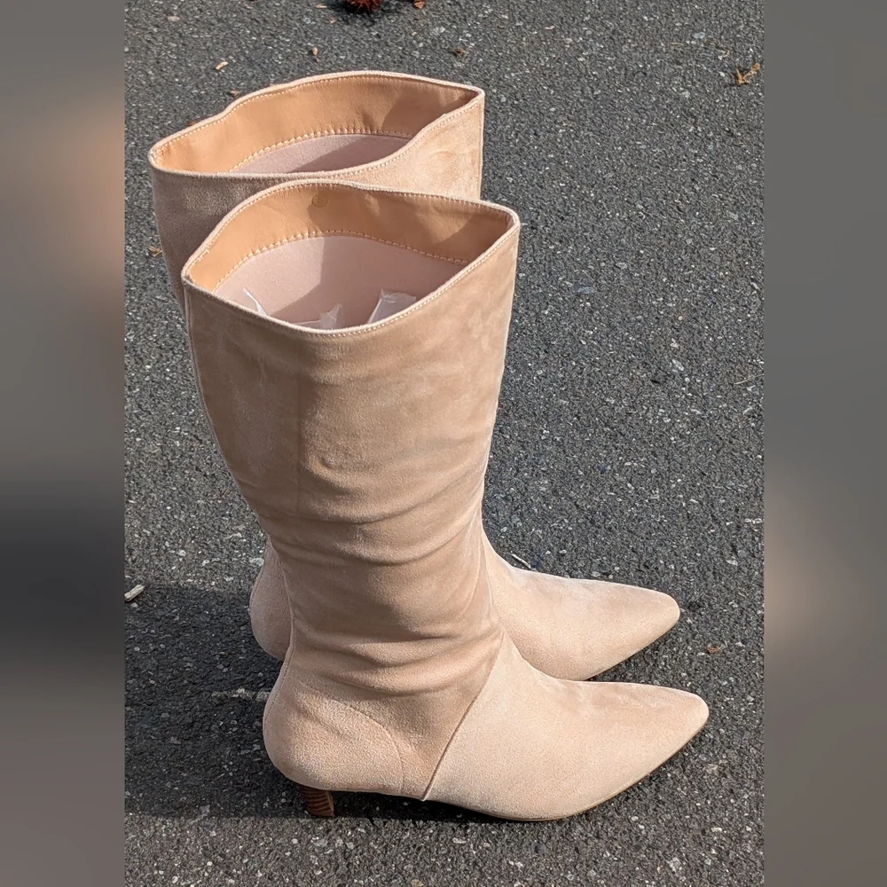 Coutgo Knee High Boots Wide Calf Kitten Heel Pointed Toe Boots Pull On (New) - Picture 13 of 13